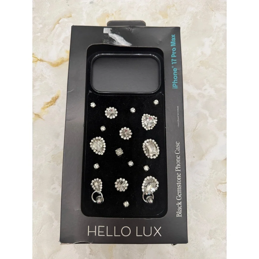 Hello Lux Black Gemstone iPhone 17 Pro Max Case Bling Rhinestone 10ft Drop Cover